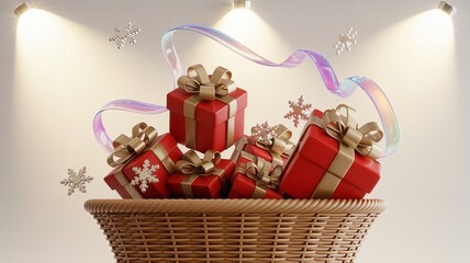 Boxing day, Christmas, Shopping Festive Red Gifts in Wicker Basket with Iridescent Ribbon