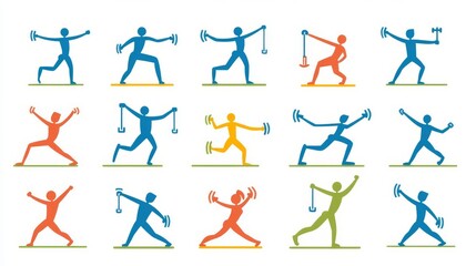 Colorful illustrations of people exercising with weights in various postures and movements, ideal for fitness themes.