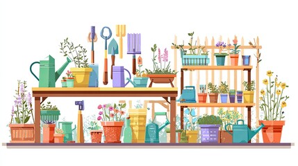 Colorful Pixel Art Illustration of a Garden Scene with Tools and Plants