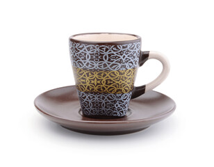 Ceramic mug and saucer isolated on white.