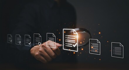 A person is using a magnifying glass to inspect digital document icons, focusing on a checklist with a checkmark