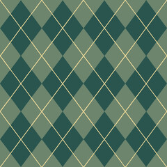 Argyle vector pattern. Dark green with thin slim golden dotted line. Seamless vivid geometric background for fabric, textile, men clothing, wrapping paper. Backdrop Little Gentleman party invite card
