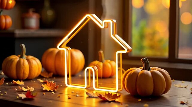Golden neon glowing logo Tiny house with pumpkins and yellow maple leaves on autumn background. Real estate, dacha, summer house, mortgage, insurance, booking, construction, insulation. 