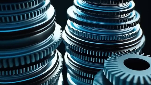 Intricate metal gears interlock under soft illumination, revealing industrial precision