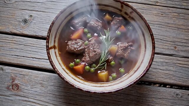 Warm audiences rustic culinary K close up hearty beef stew simmering clay bowl vibrant vegetables bs releasing steam epitomising comfort food recipe blogs restaurant
