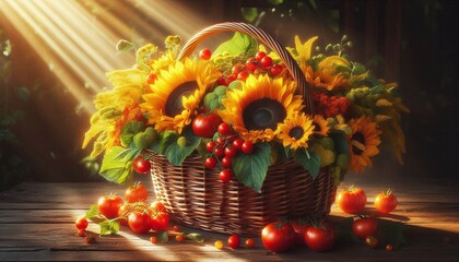 Sunflower Basket with Fresh Tomatoes in Sunlight Rustic Still Life