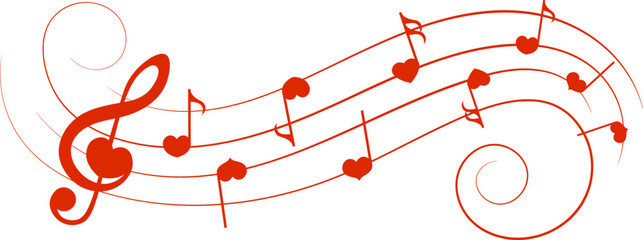 Red music notes, heart shape musical symbols, vector illustration.