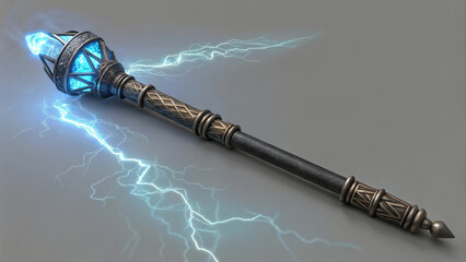 High-Resolution Digital Illustration of a Fantasy Magic Staff with Glowing Blue Crystal and Lightning Effects