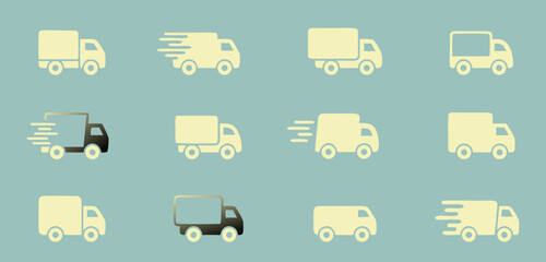 Delivery truck shipping fast transport service logistics cargo vehicle moving distribution freight icons set 100