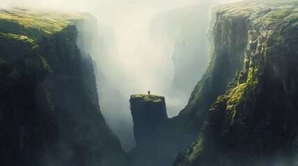 A solitary figure stands atop a rocky outcrop amidst a misty canyon landscape, evoking a sense of adventure