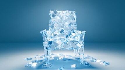 A stunning crystal chair made of ice cubes, showcasing unique design and artistic creativity in a modern setting.