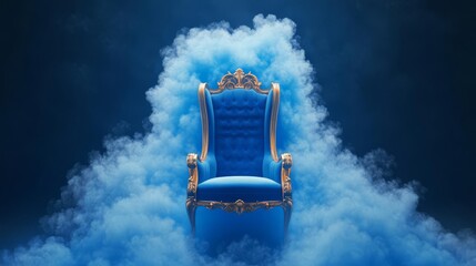 A majestic blue throne surrounded by swirling blue smoke, symbolizing power, luxury, and tranquility.