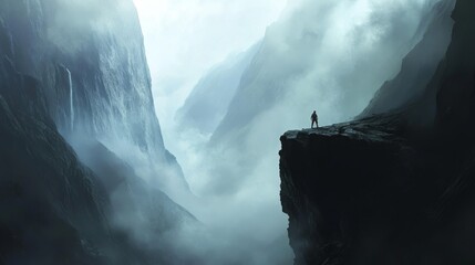 A solitary figure stands on a cliff edge in a misty valley surrounded by towering mountains