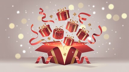 Fototapeta premium Boxing day, Christmas, Shopping Festive Gift Boxes Exploding from a Red Gift Box
