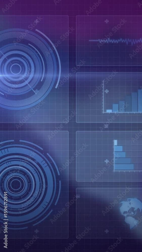 Poster graphs and circular patterns over digital interface with futuristic animation background