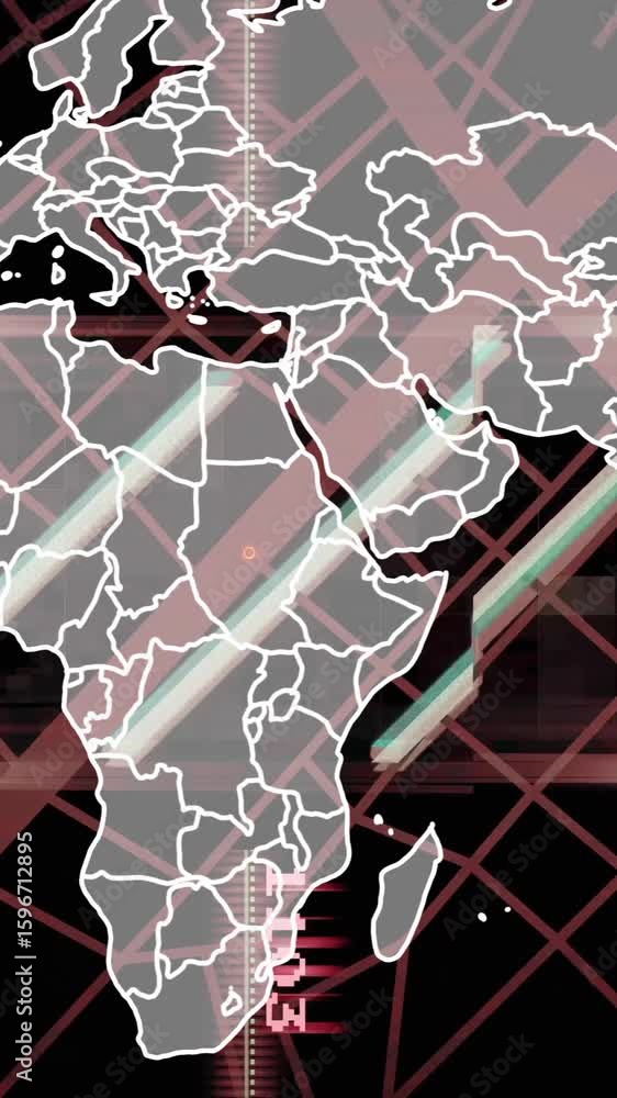 Poster animation of world map with digital grid and glowing lines, futuristic data concept