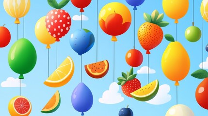 Colorful fruit balloons float in the sky, creating a joyful and festive atmosphere for any celebration.