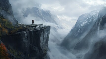A solitary figure stands on a rocky cliff overlooking a misty valley surrounded by majestic mountains