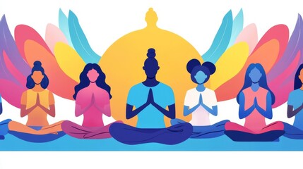 Fototapeta premium Diverse individuals practicing meditation together, creating a vibrant atmosphere of peace and tranquility.