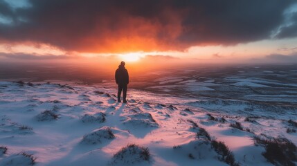 A solitary figure stands on a snowy hilltop at sunset, overlooking a vast landscape in winter