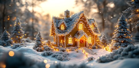 Gingerbread house with snow covered trees and festive lights winter