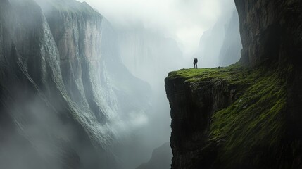 A solitary figure stands on the edge of a misty canyon, surrounded by towering cliffs and ethereal fog