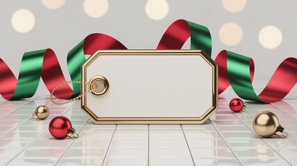 Boxing day, Christmas, Shopping Festive Holiday Gift Tag with Red and Green Ribbon, Ornaments, and Bokeh Background