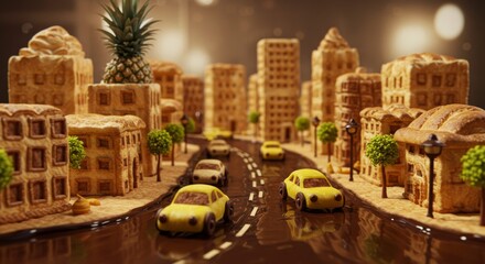 A whimsical cityscape made of desserts, featuring cookie buildings, pastry cars, and a chocolate river