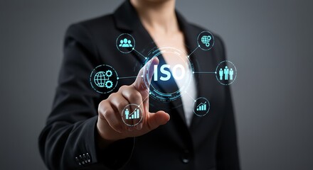 A businesswoman is pressing the iso icon on a virtual interface, representing international standards organization and quality management systems