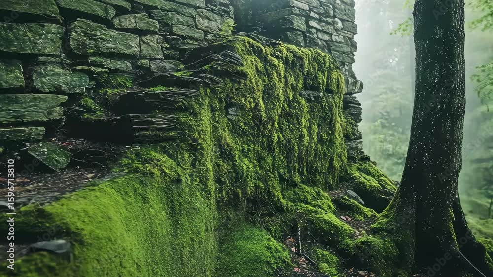 Poster ruined stone structure next to an old tree covered in moss in a misty forest, ruined stone structure