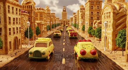 A whimsical street scene made entirely of baked goods, featuring cookie cars driving on a chocolate road