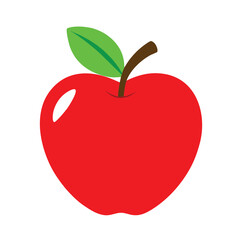 Bright shiny red apple with stem and leaf, realistic fruit isolated on white for health, food, or design concepts.