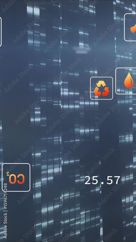 Aufkleber floating energy icons and data metrics over digital cityscape animation background