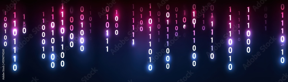 Poster digital matrix with glowing binary code in dark space