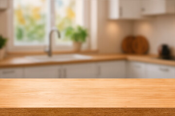 Kitchen wood table top for product display with blurred modern interior. Wooden tabletop over...