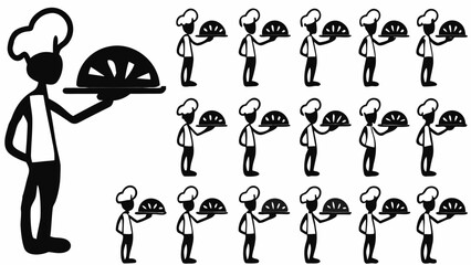 Black and white illustration of chefs holding platters of food in a repetitive pattern design style