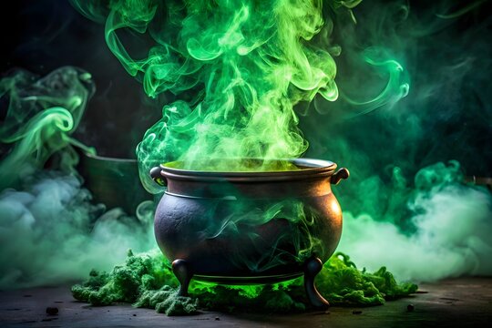 A dark, ancient cauldron bubbles with vibrant, glowing green smoke and mist, hinting at a powerful magical potion being brewed