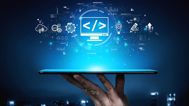 Modern web development concept featuring coding symbols, web development process, web development interface, and web development tools with futuristic design. Muxer