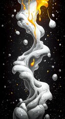 Abstract fluid art featuring swirling white and orange elements against a dark background with bubbles
