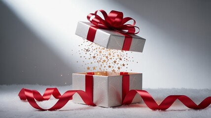 Boxing day, Christmas, Shopping Silver Gift Box with Red Ribbon and Golden Stars Floating Out