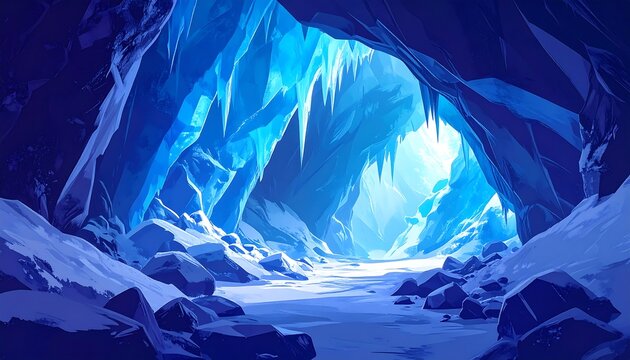 Icy cave interior, vibrant blues