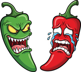 Cartoon illustration of angry green chili pepper next to crying red chili pepper