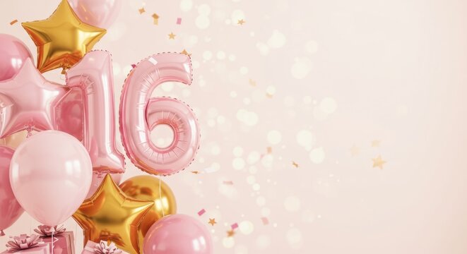 Sweet sixteen birthday celebration with pink and gold balloons