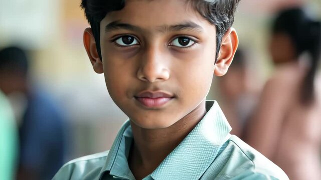 Young South Asian teenage boy confidently posing in a classroom setting during midday study session, Young South Asian teenage boy in classroom setting, standing and attentive