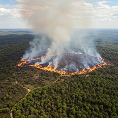Aerial view of a large forest fire engulfing a green landscape, with smoke billowing into the sky