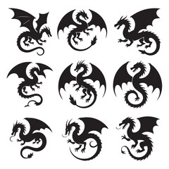 Fototapeta premium Vector art of a set of nine black dragon silhouettes isolated on white background