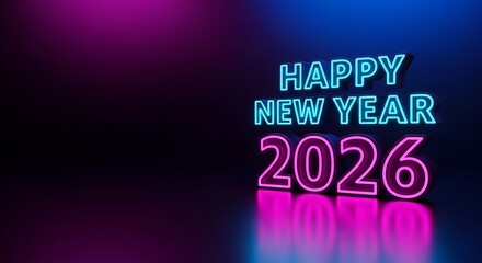 Bright neon lights spell out Happy New Year 2026 against a deep blue and purple backdrop, creating a festive and modern celebration design.