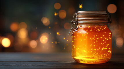 A glass jar of honey with digital fireflies glowing inside, soft candle-lit mood, bokeh background