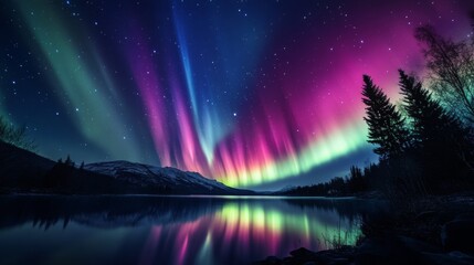 Breathtaking aurora borealis illuminating a serene lake surrounded by mountains and trees at night