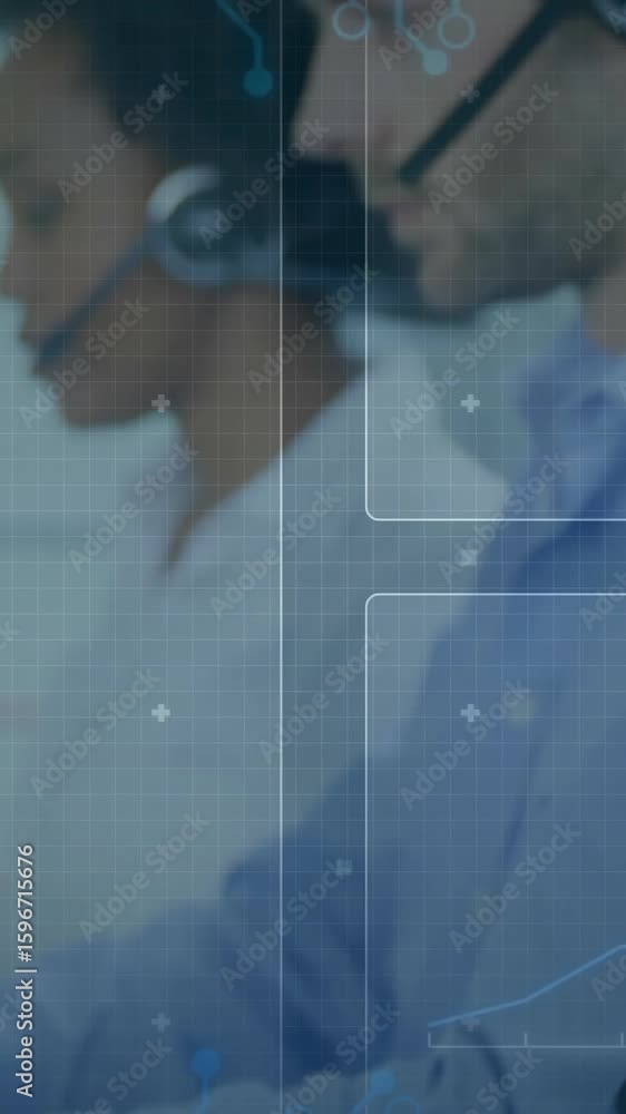 Poster customer service team working with digital network connections overlay animation